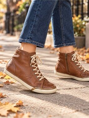 Frye Cognac Brown Leather High Top Zip Sneakers Casual Shoes
